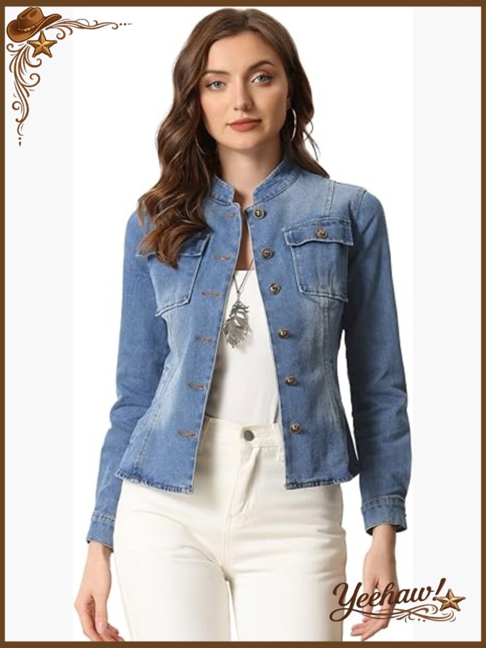Casual Denim Jacket, Stand Collar Long Sleeve Button Down Jean Jacket